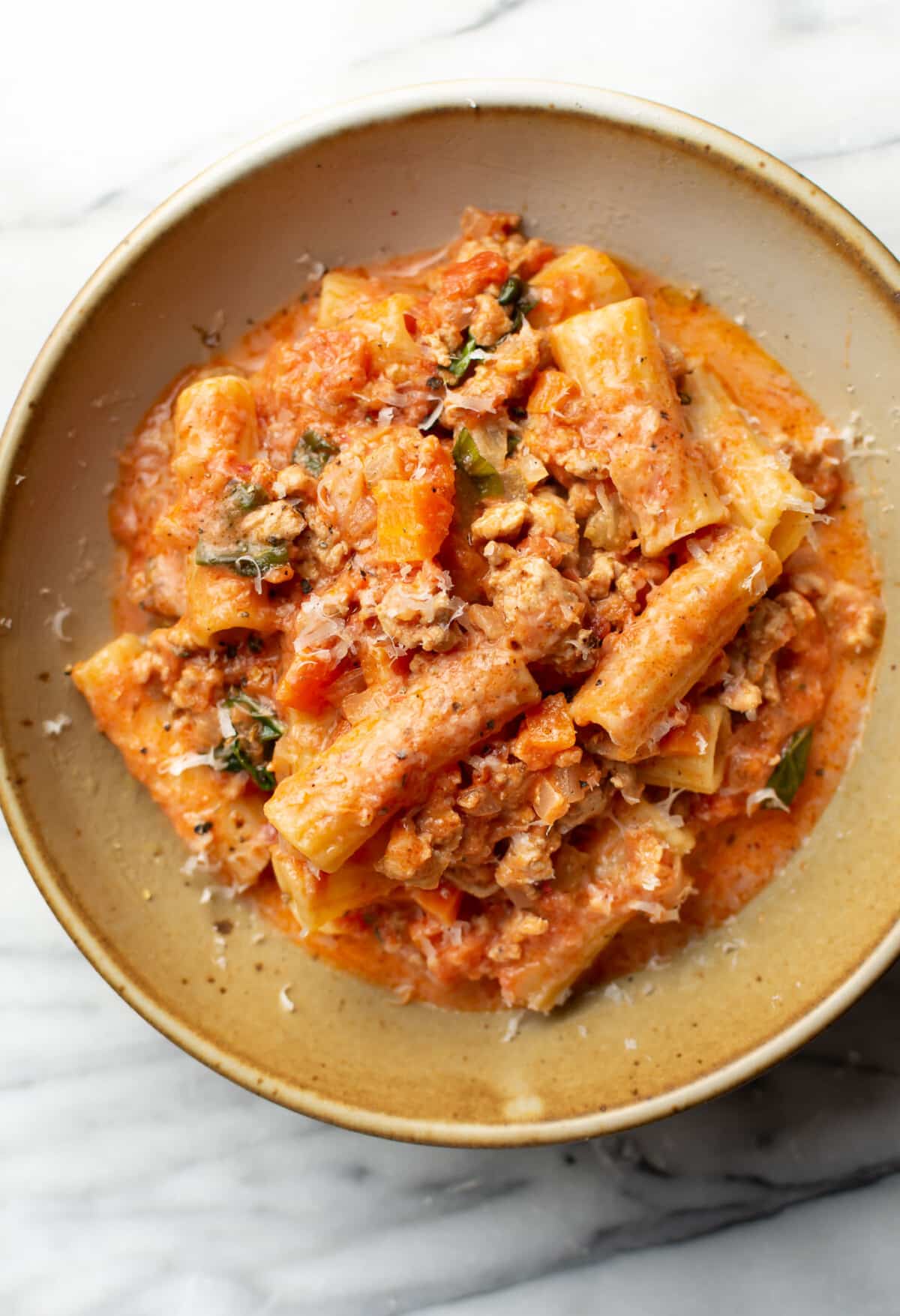 a bowl of ground turkey pasta