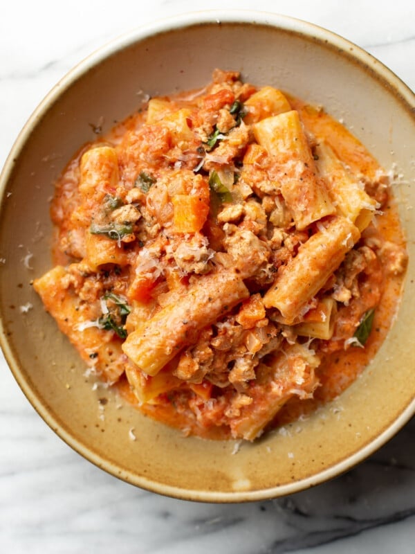 a bowl of ground turkey pasta