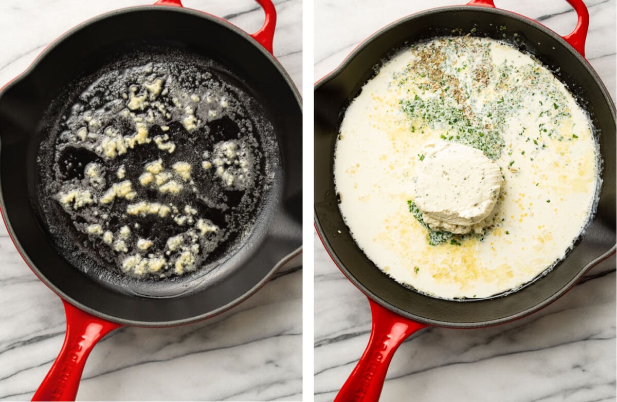 sauteing garlic and making sauce for boursin pasta