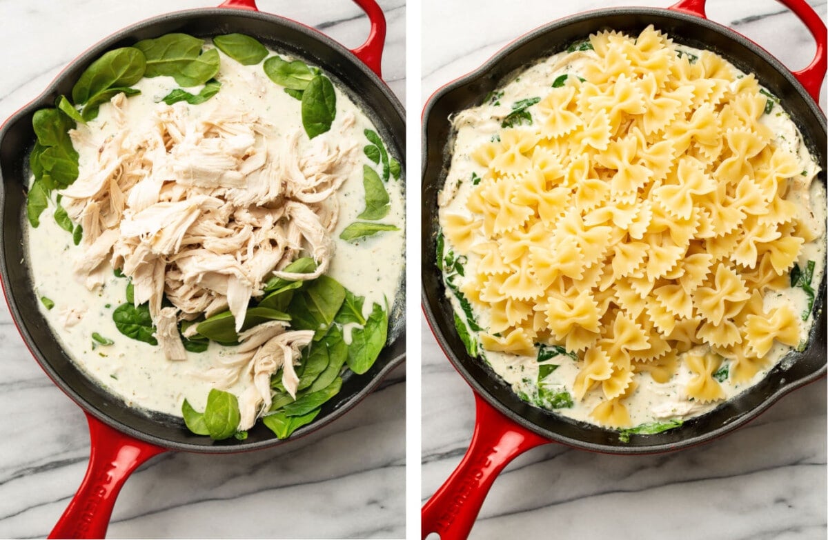 adding chicken and spinach and pasta to a skillet to make boursin chicken pasta
