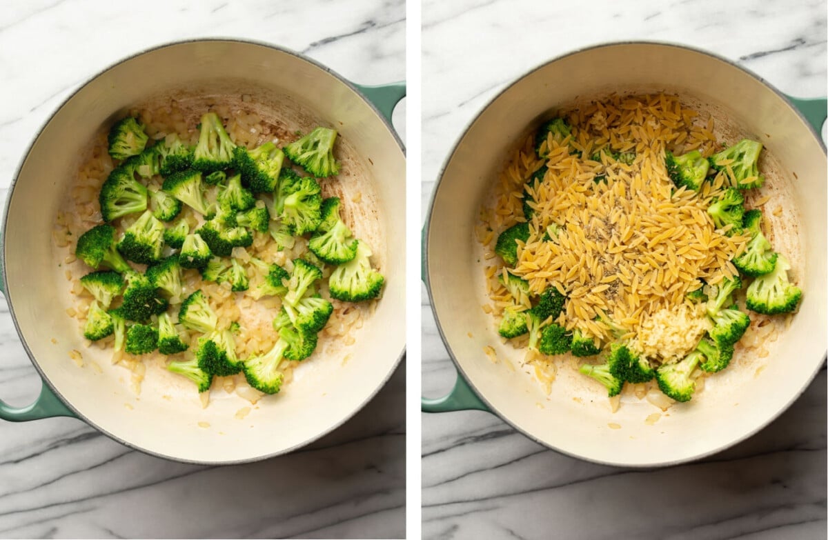 sauteing onions and broccoli and adding orzo to a soup pot