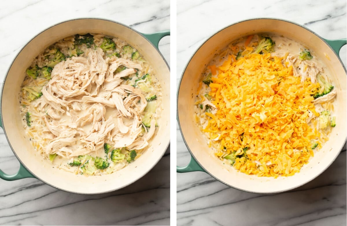 adding in chicken and cheddar to a pot of orzo