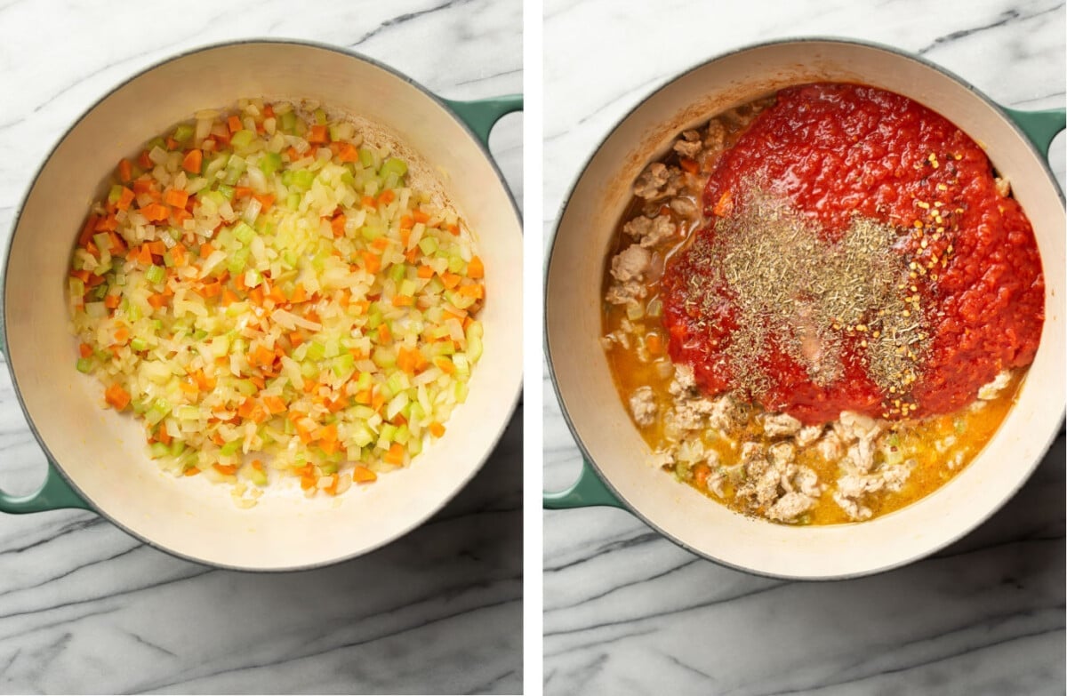 sauteing carrots, onions, and celery in a dutch oven and making sauce for ground turkey pasta