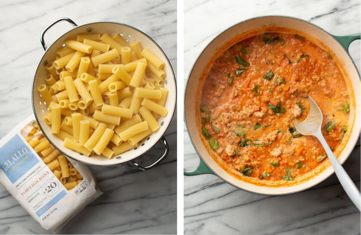 draining pasta in a colander and stirring sauce for ground turkey pasta