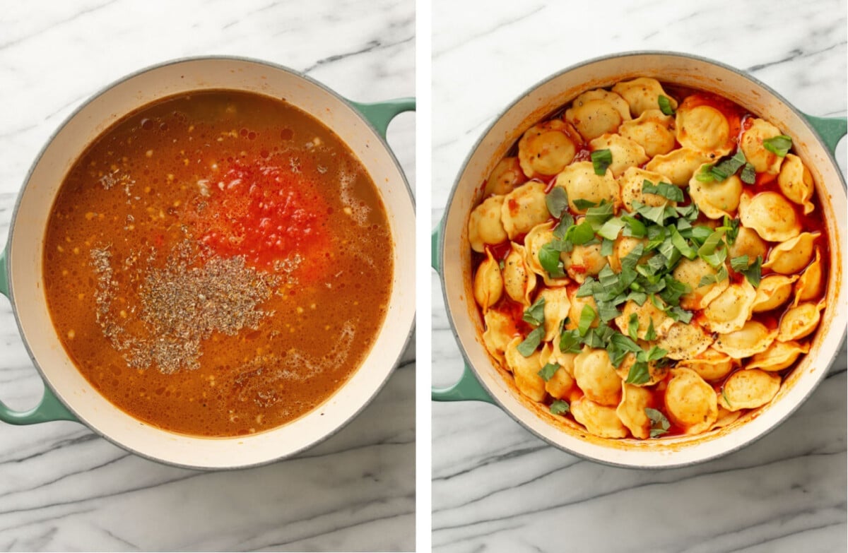 adding tomatoes, broth, seasoning, and ravioli to a soup pot for ravioli soup