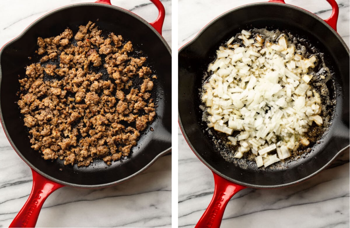 sauteing sausage in a skillet and then cooking onions