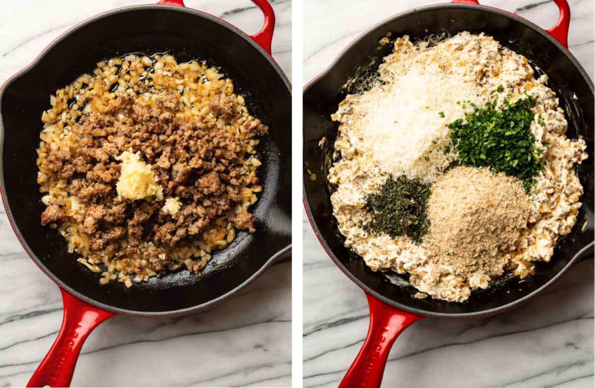 making sausage filling for stuffed mushrooms in a skillet and adding parmesan and herbs