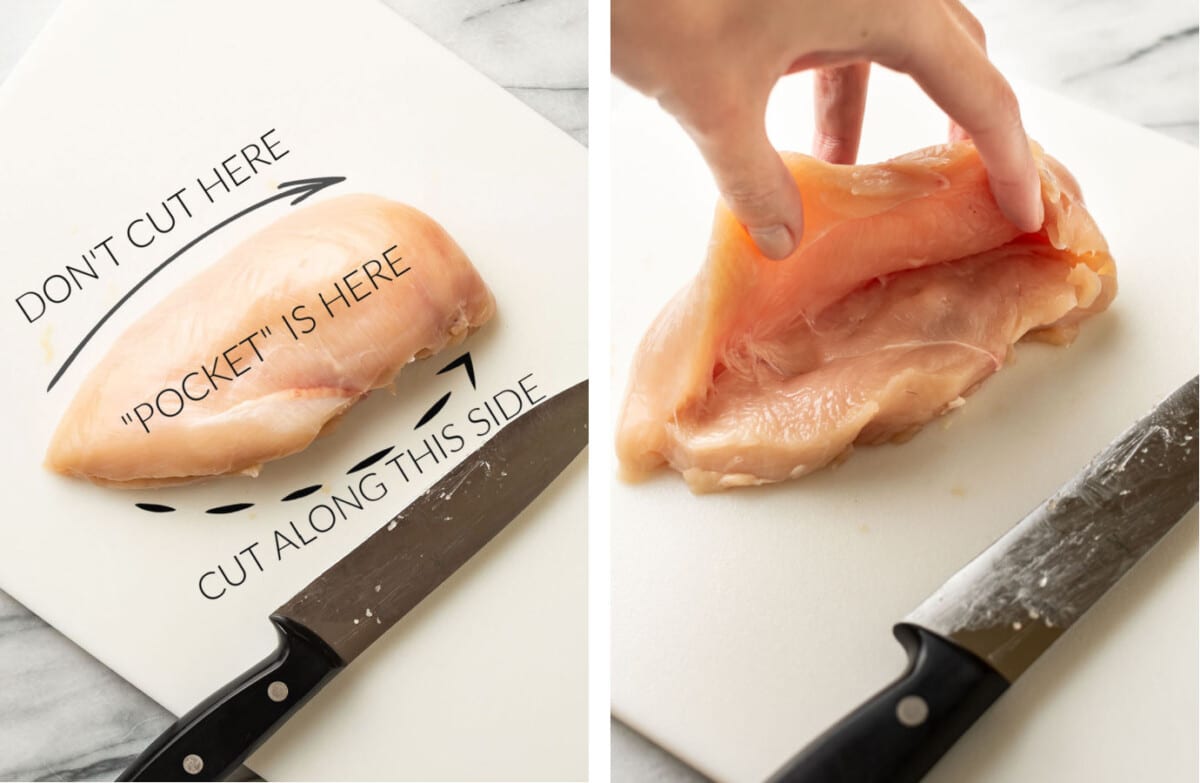 cutting a pocket into a chicken breast with a knife