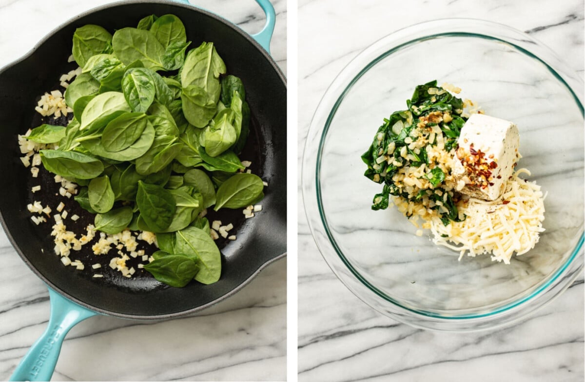 sauteing onions and spinach in a skillet then adding to a prep bowl with ingredients for stuffed chicken