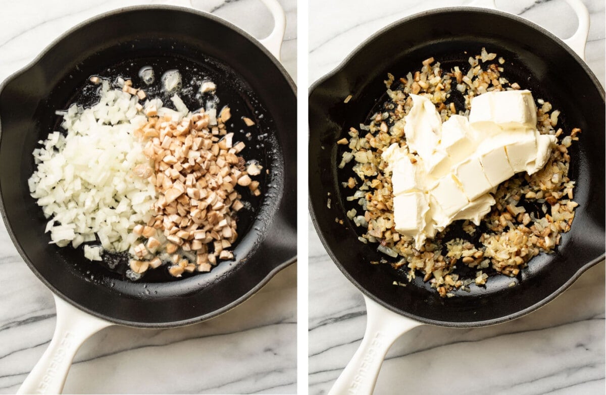 sauteing mushrooms and onions in a skillet and adding in cream cheese