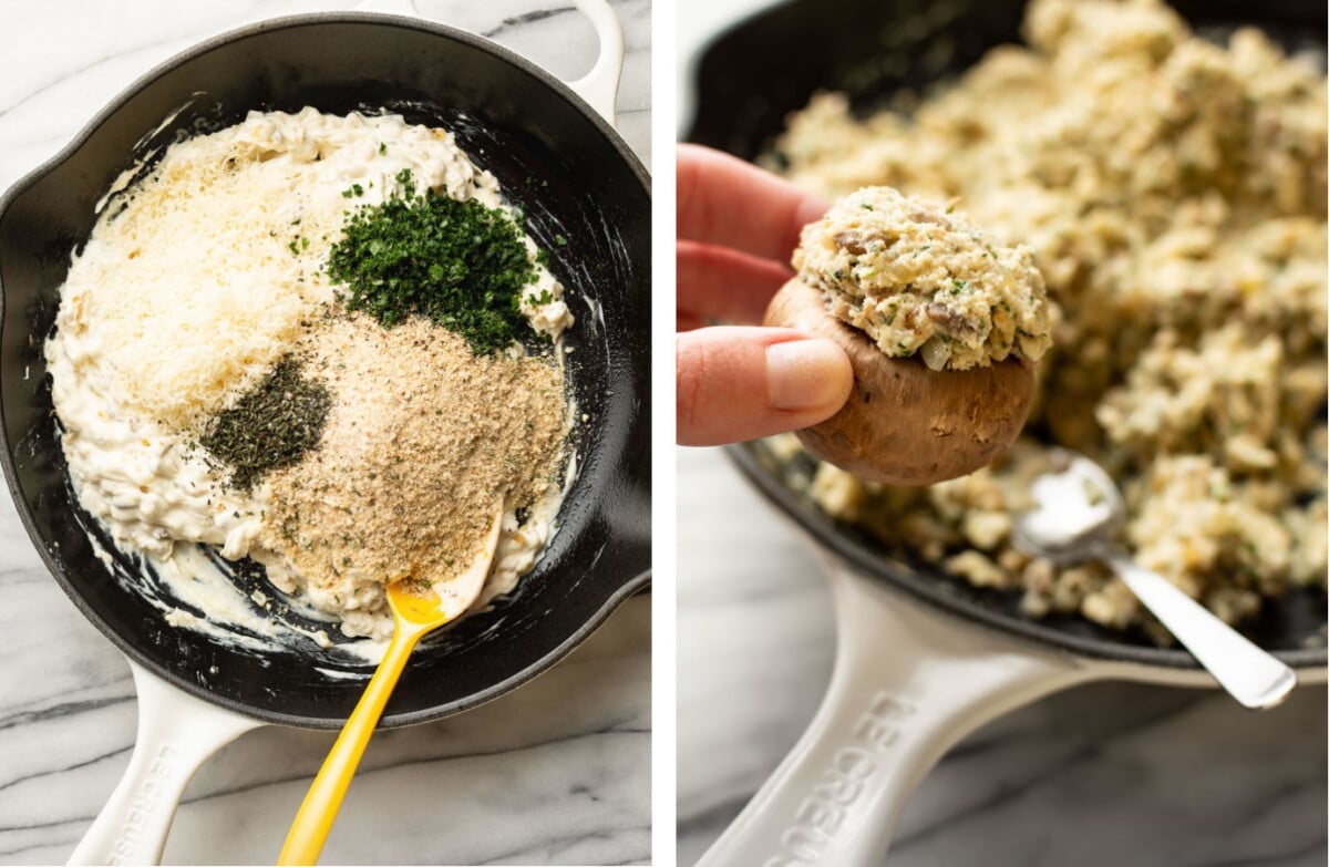 making cream cheese filling in a skillet and photo of a female hand holding a stuffed mushroom
