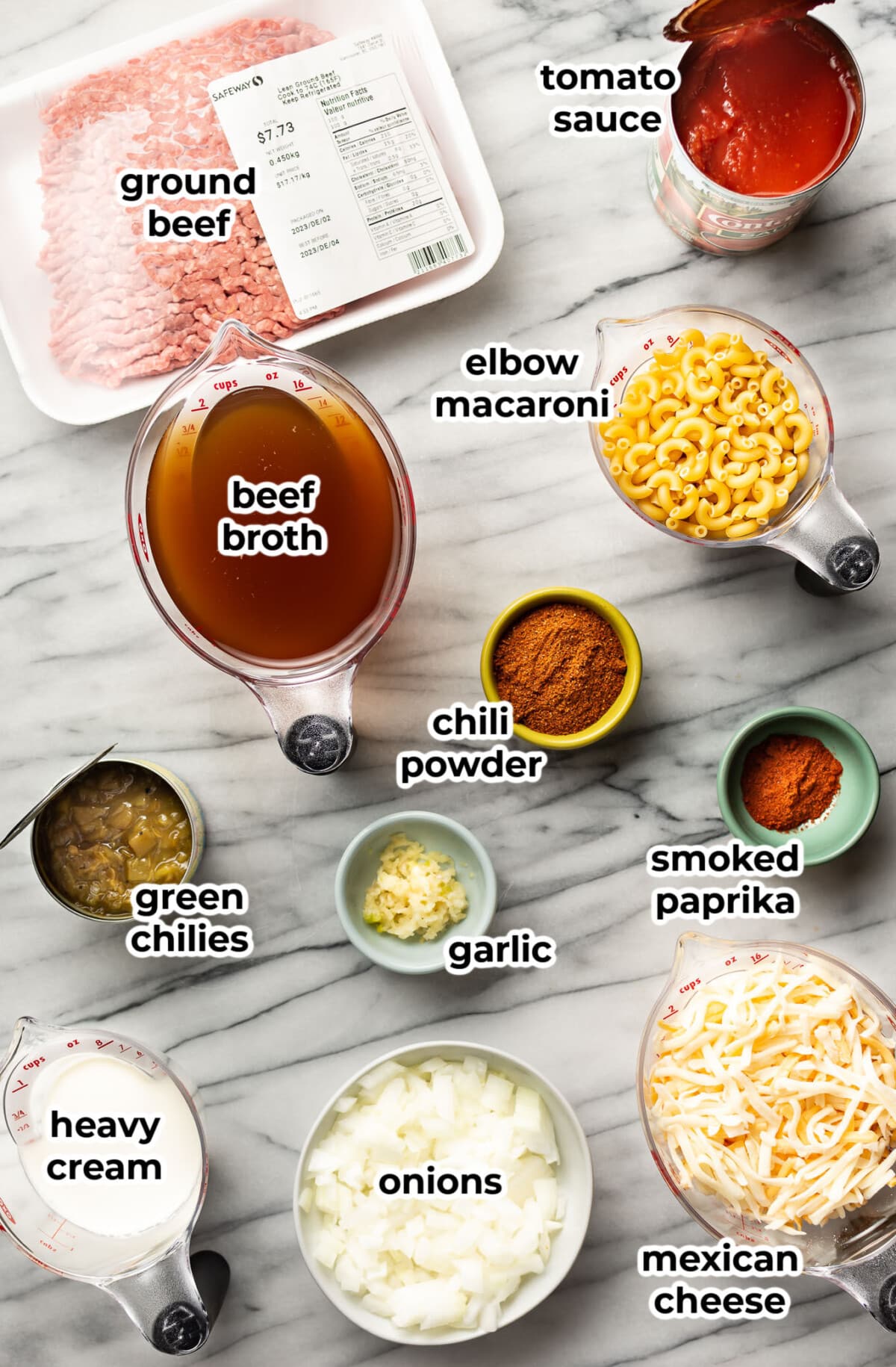 ingredients for chili mac in prep bowls and measuring cups