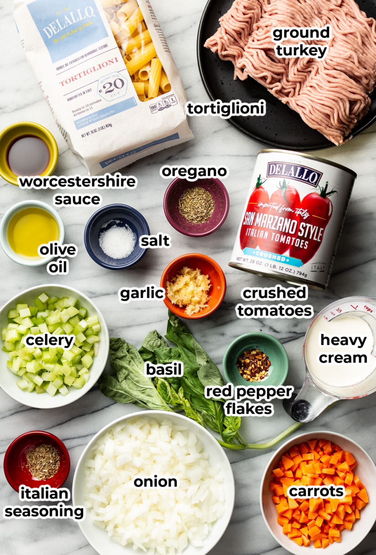 ingredients for ground turkey pasta in prep bowls