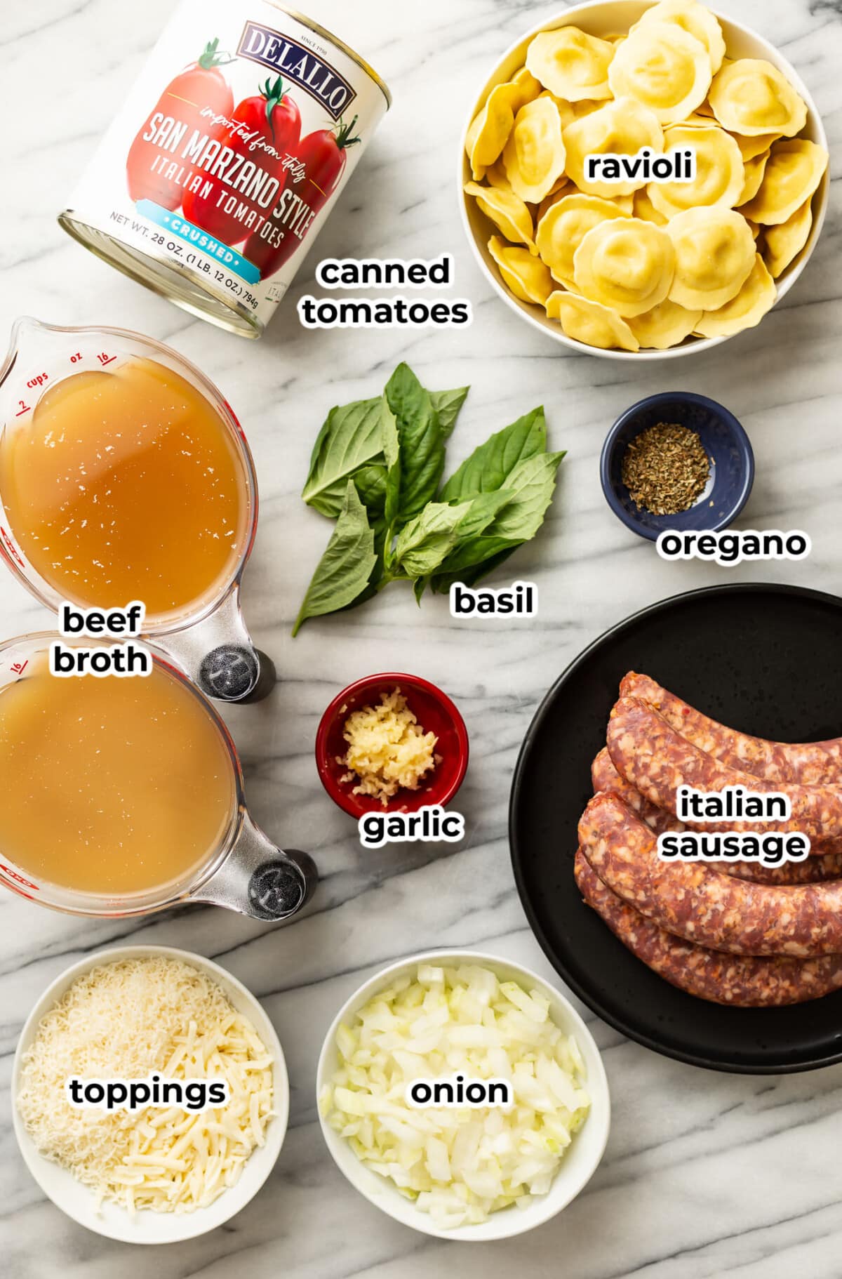 ingredients for ravioli soup in prep bowls