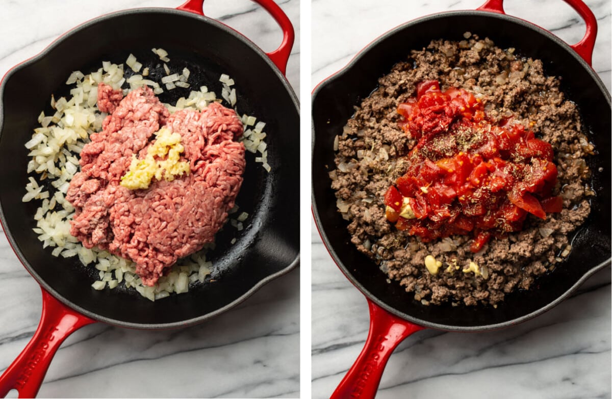 sauteing ground beef and onions in a skillet and adding tomatoes and seasonings