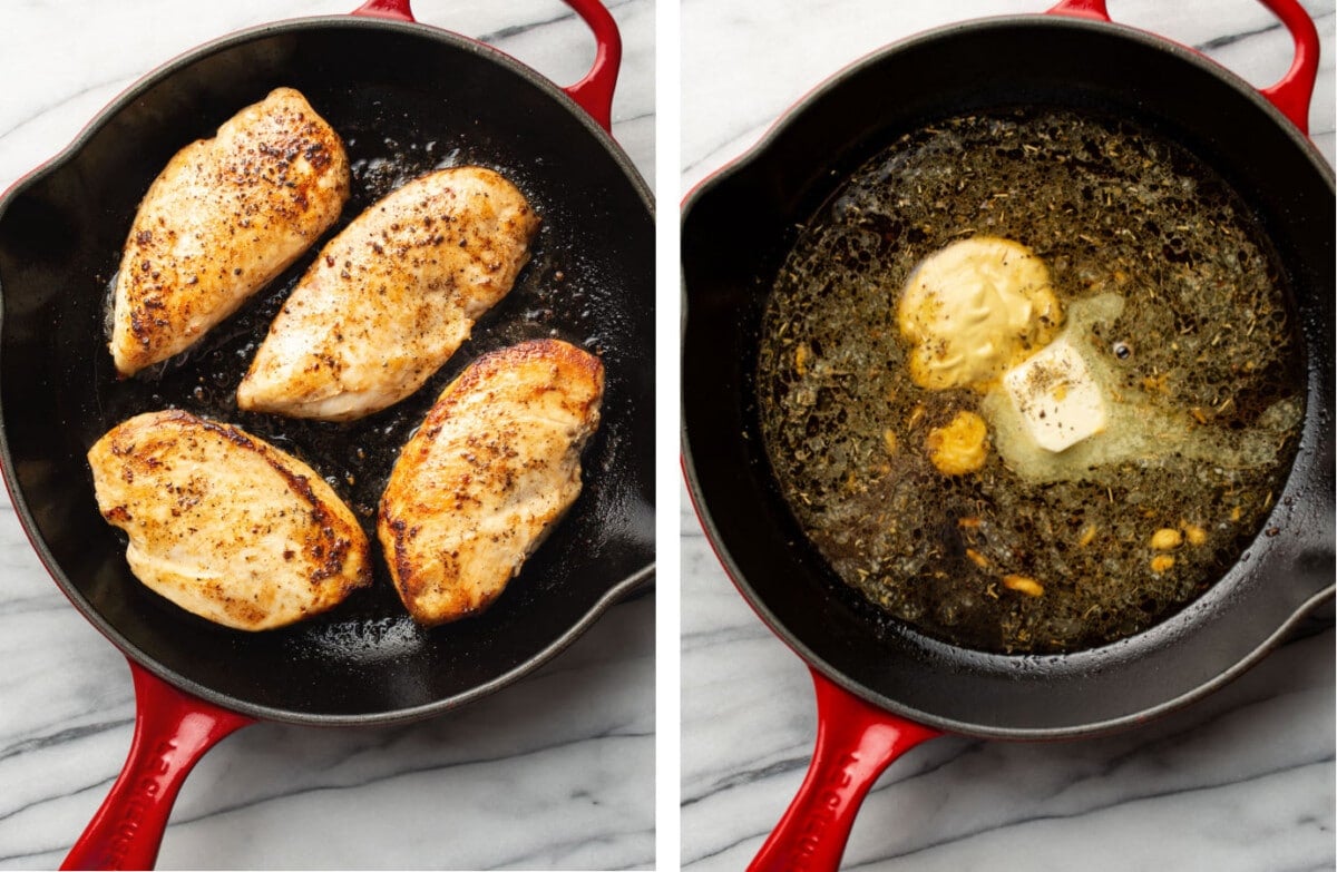 pan frying chicken in a skillet and making creamy maple sauce