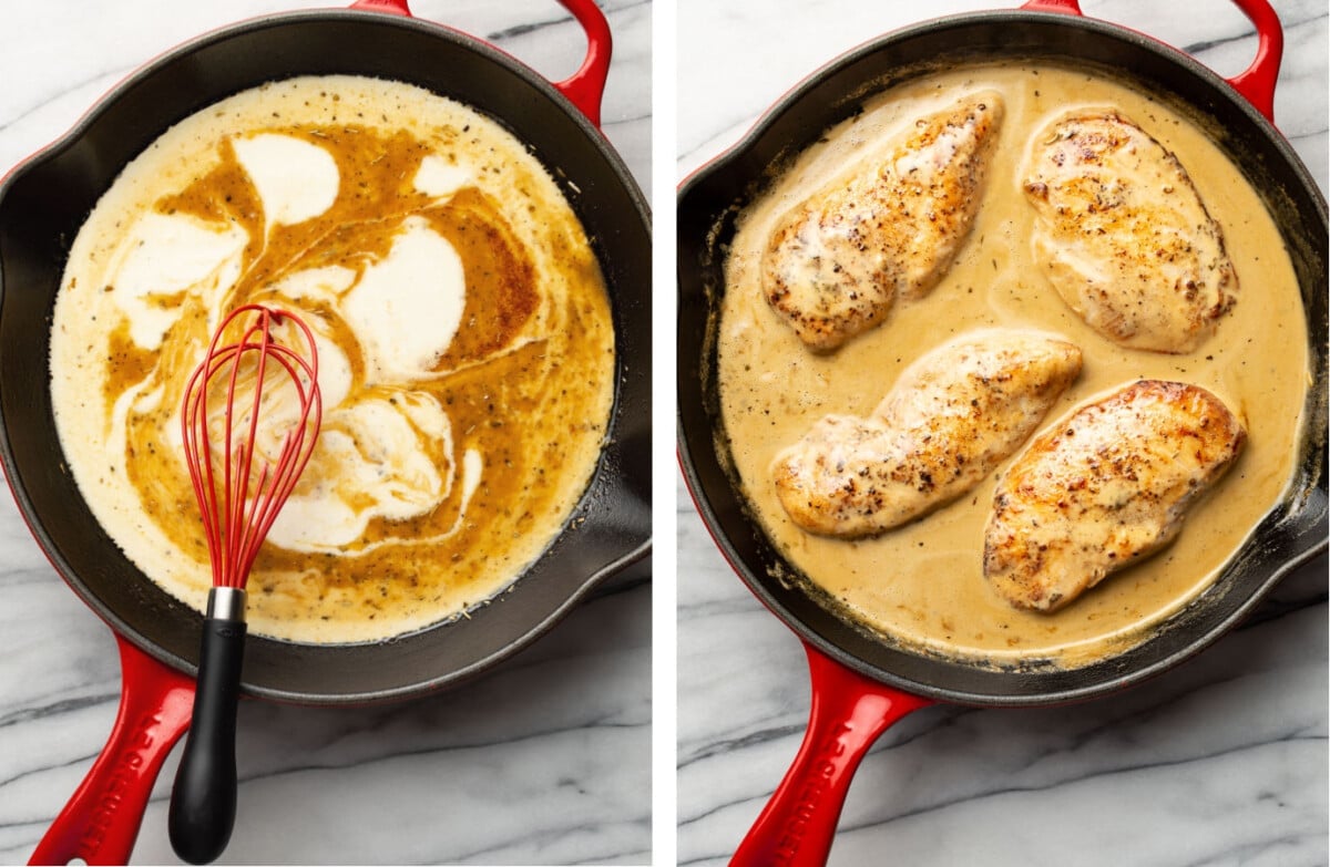 whisking cream into a dijon maple sauce in a skillet and adding in chicken