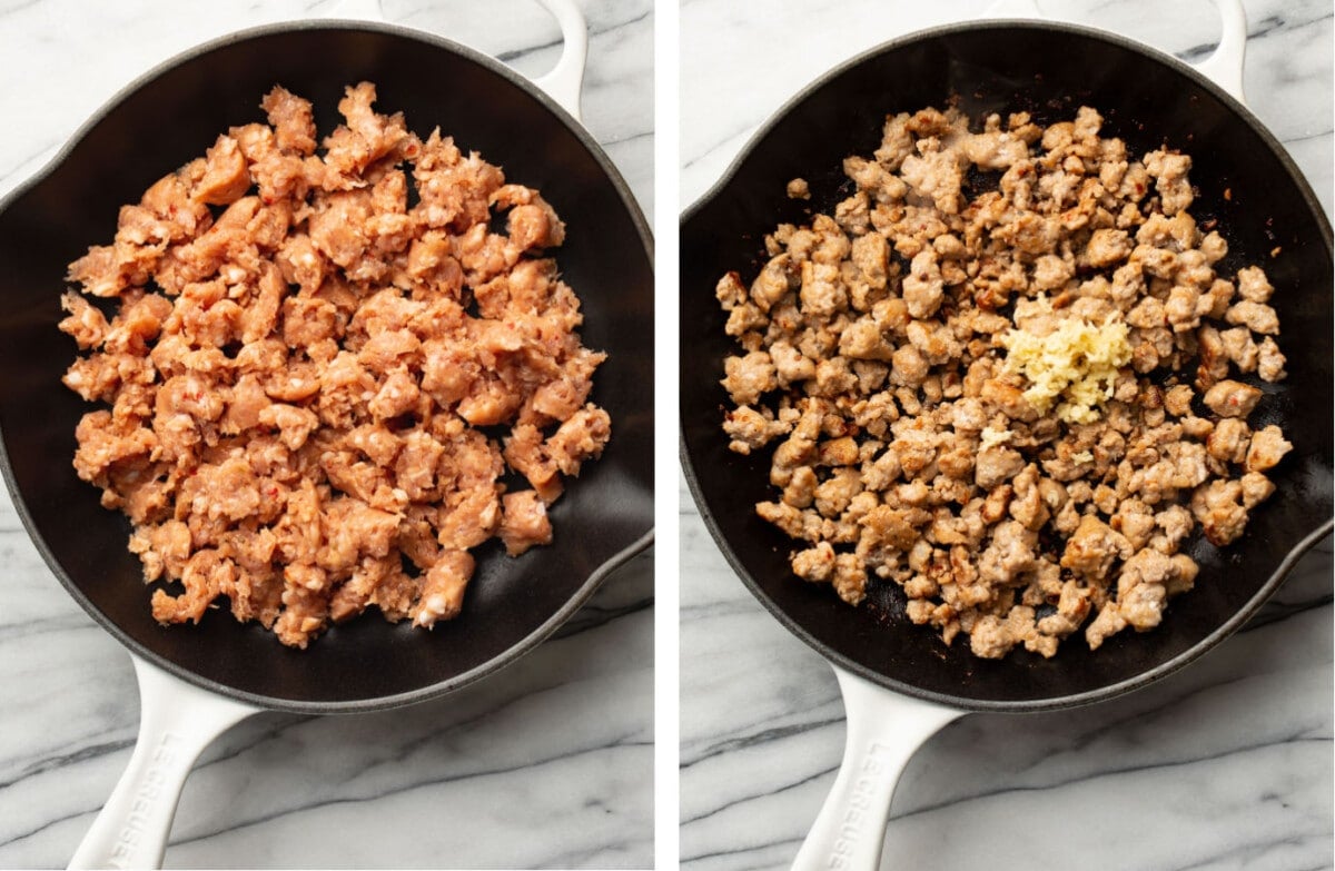 sauteing italian sausage in a skillet and adding garlic