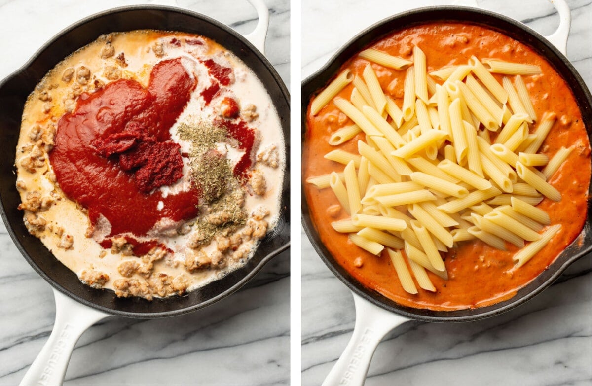 making sauce for italian sausage tomato pasta and tossing with penne in a skillet