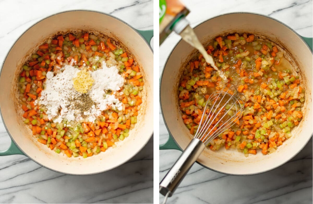 adding flour and garlic to a soup pot and whisking in chicken broth