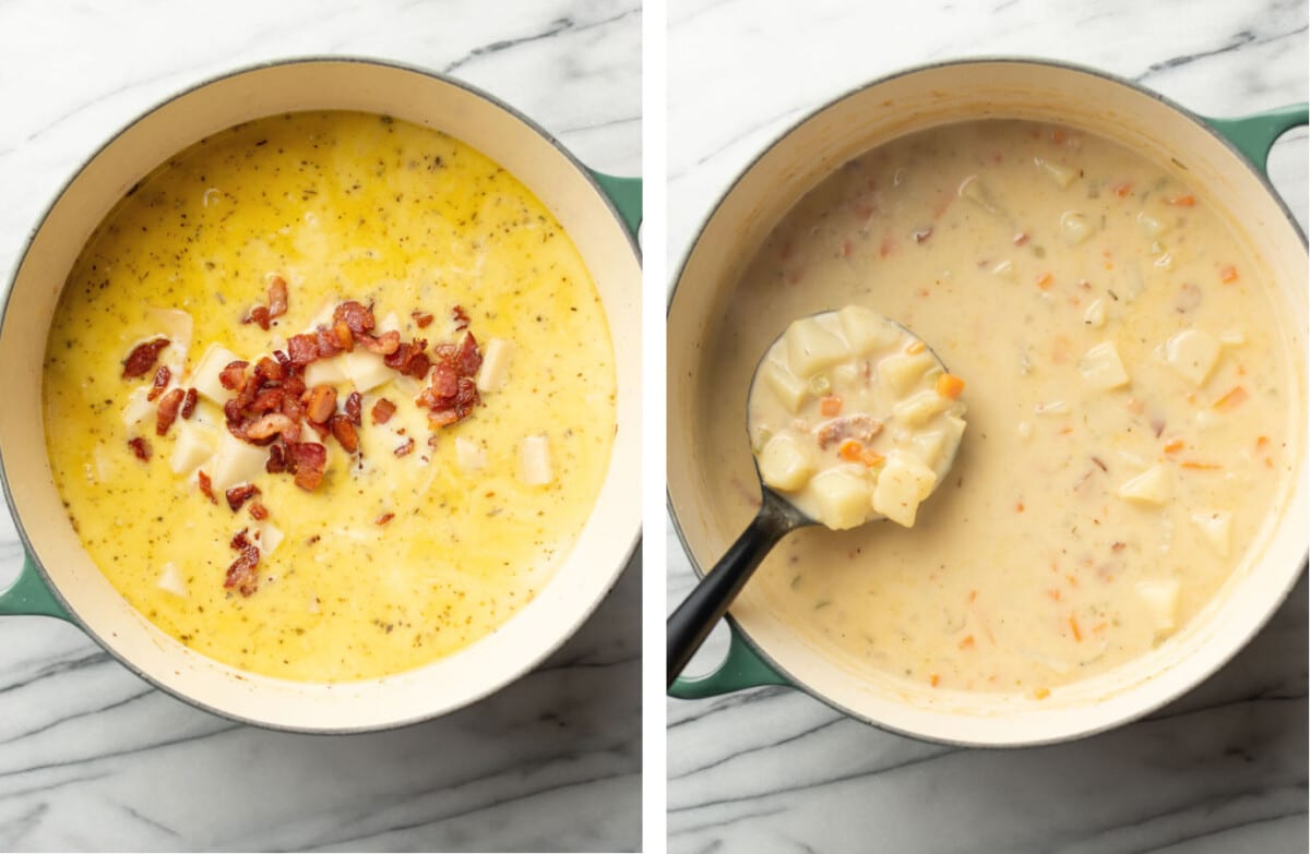 adding in bacon, potatoes, and cream to a soup pot and serving it with a ladle