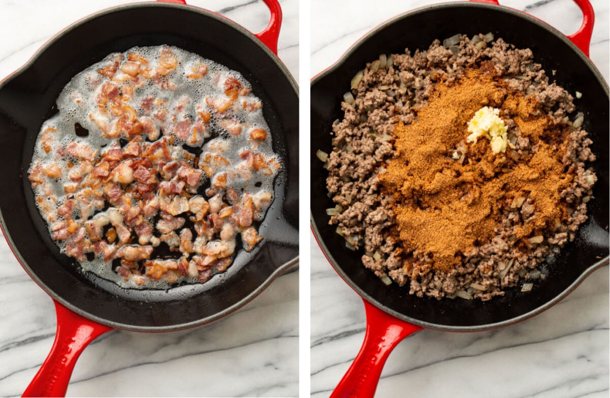 frying bacon and ground beef in a skillet and adding garlic and taco seasoning