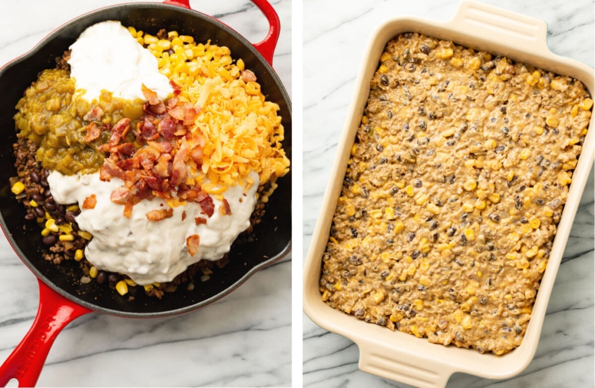 adding sauce ingredients for cowboy casserole to a skillet and transferring to a baking dish