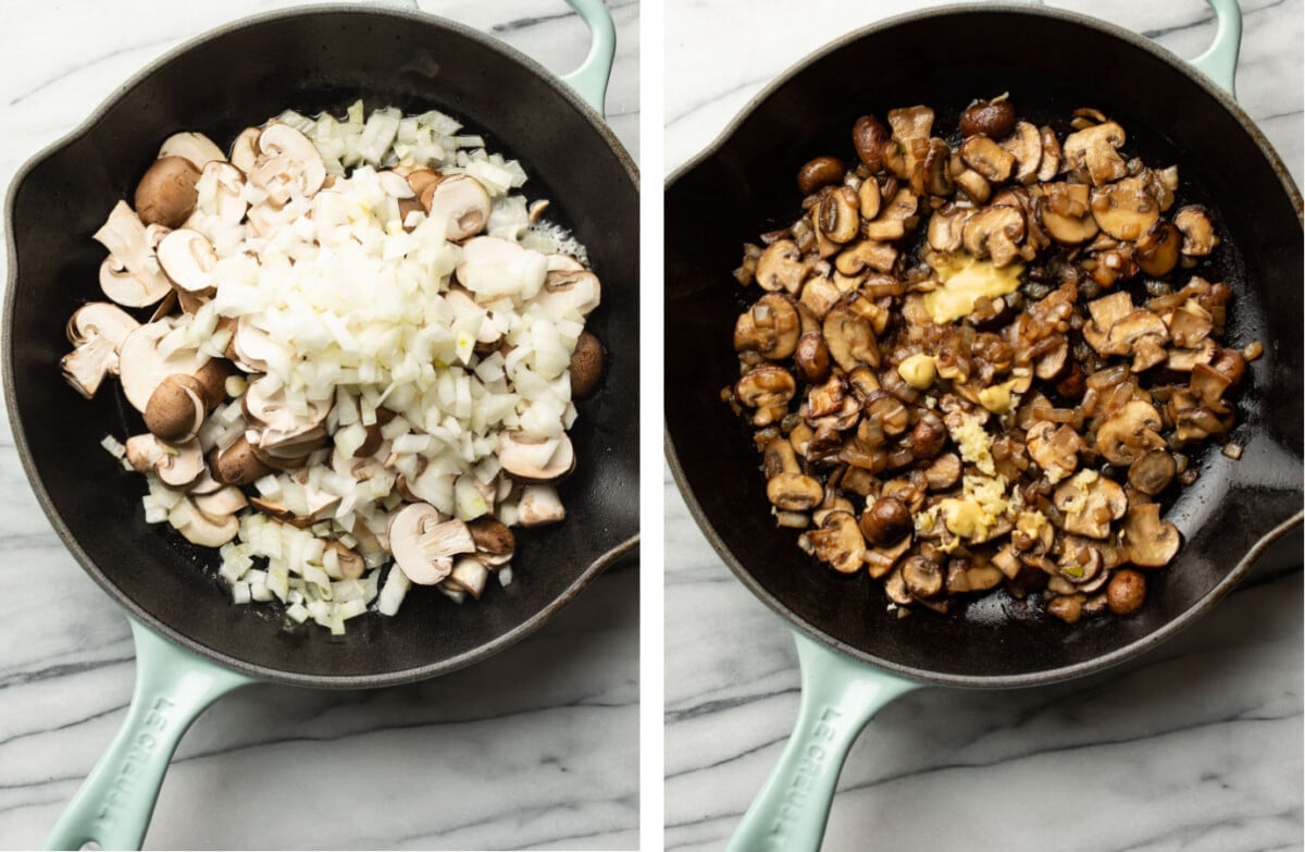 sauteing mushrooms and onions in a skillet for marsala sauce