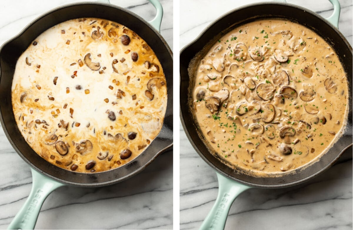 adding cream to a skillet with marsala sauce and reducing it