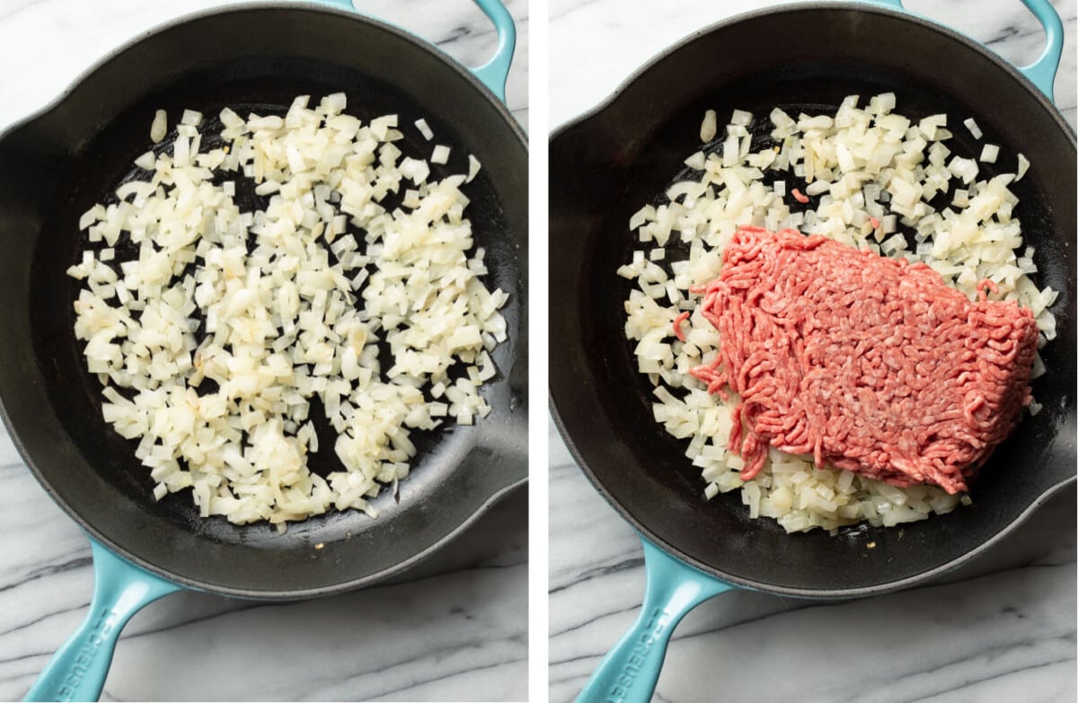 sauteing onions and ground beef in a skillet