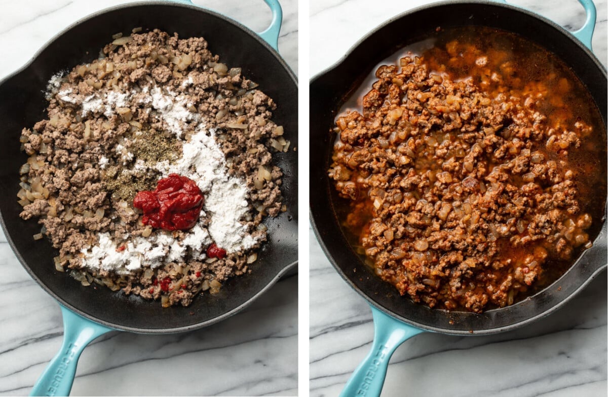 adding seasonings to ground beef in a skillet for tater tot casserole