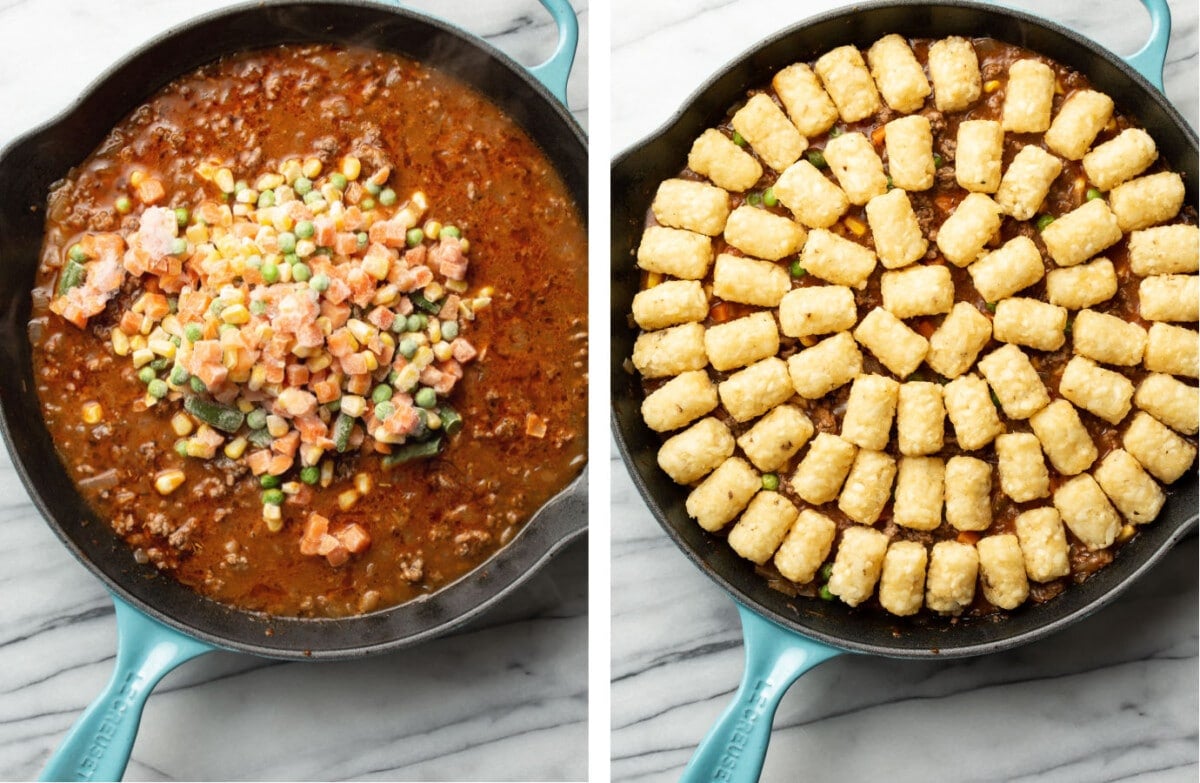 adding vegetables and tater tots to a skillet for shepherd's pie tater tot casserole