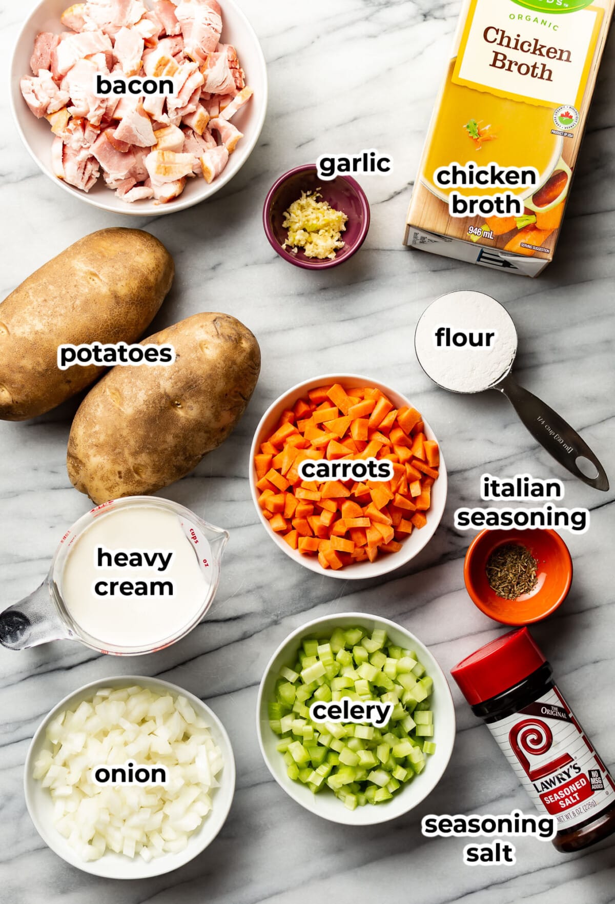 ingredients for bacon and potato soup in prep bowls