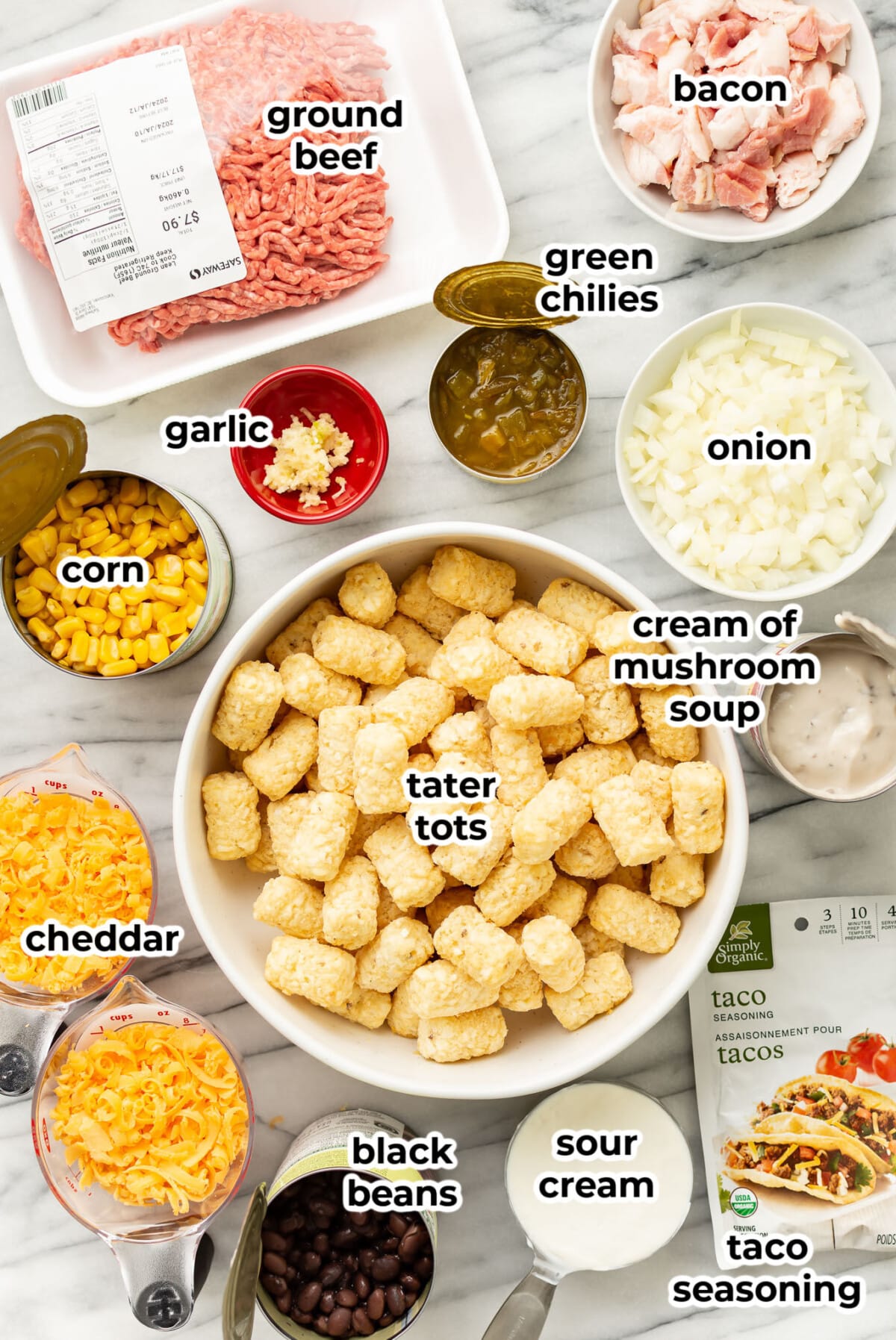 ingredients for cowboy casserole in prep bowls