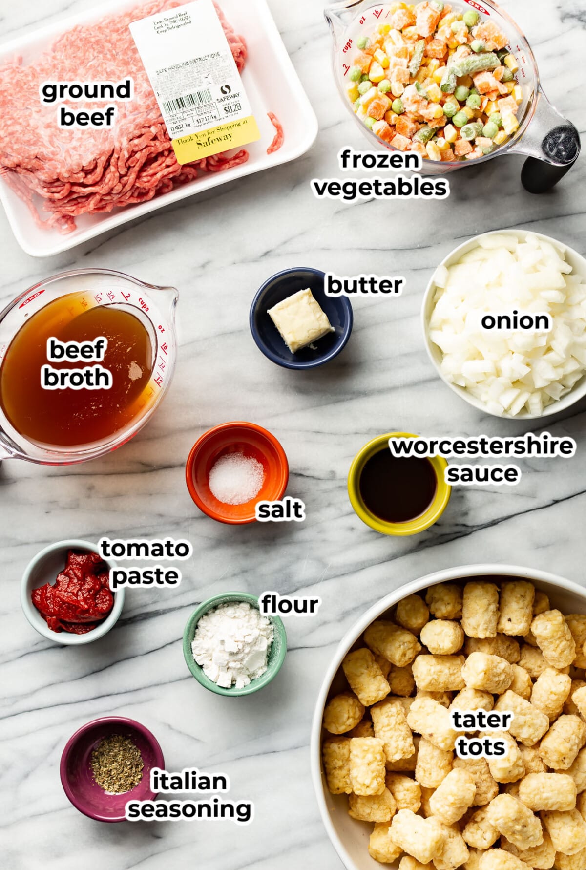 ingredients for tater tot shepherd's pie in prep bowls