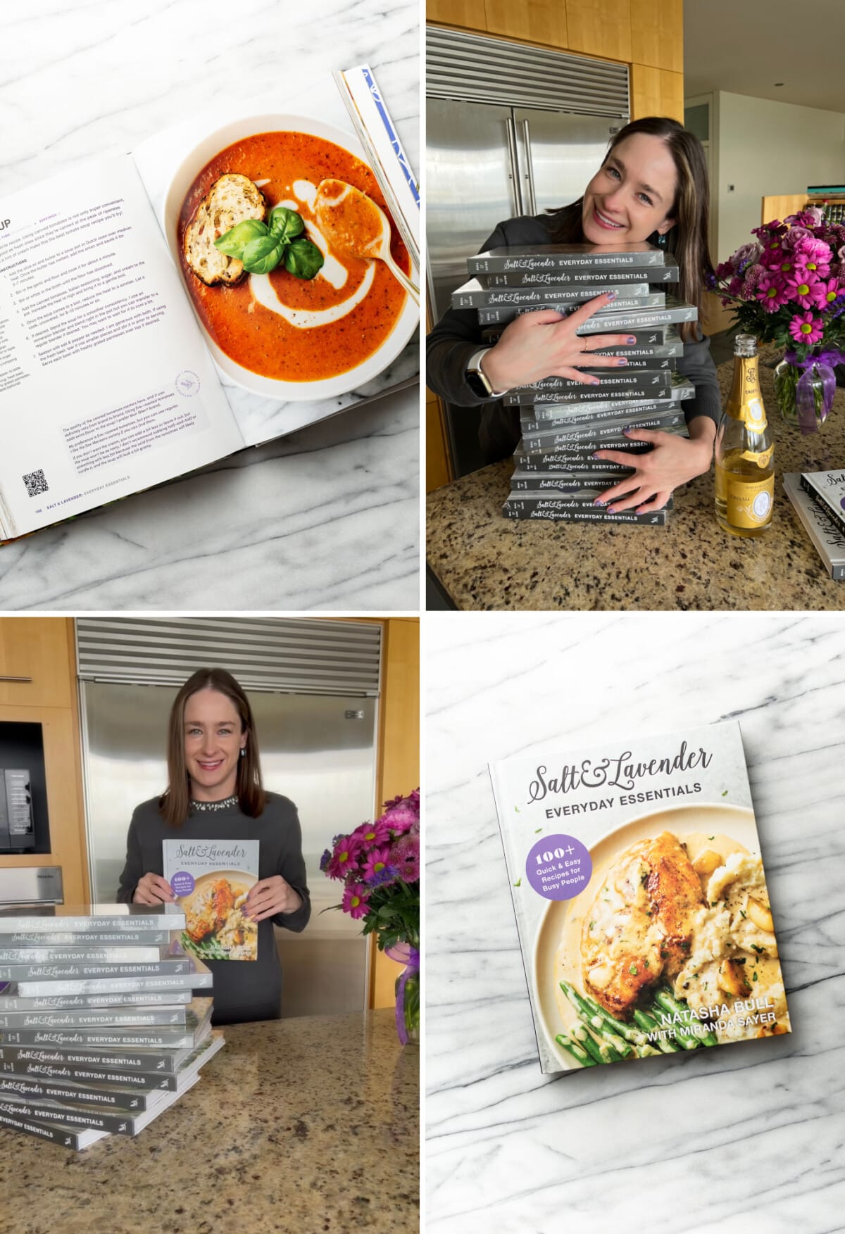 a collage with natasha and advance copies of the salt and lavender cookbook
