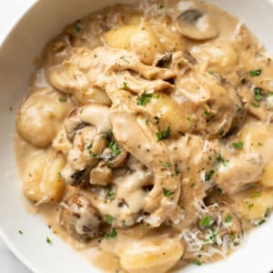 a bowl of chicken marsala gnocchi