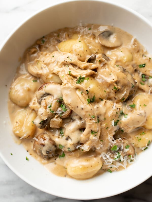 a bowl of chicken marsala gnocchi