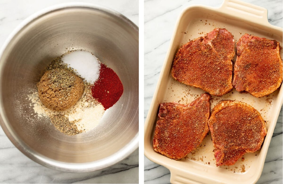 mixing a spice rub in a prep bowl and adding pork chops to a baking dish