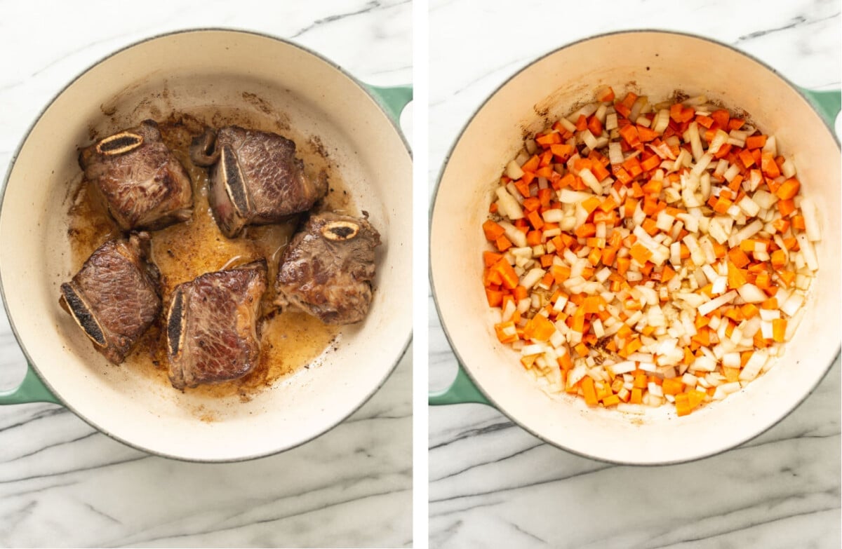 searing short ribs in a dutch oven and sauteing onion and carrots