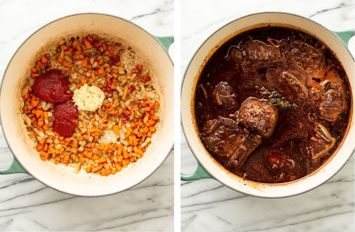 making red wine sauce and adding short ribs to a dutch oven