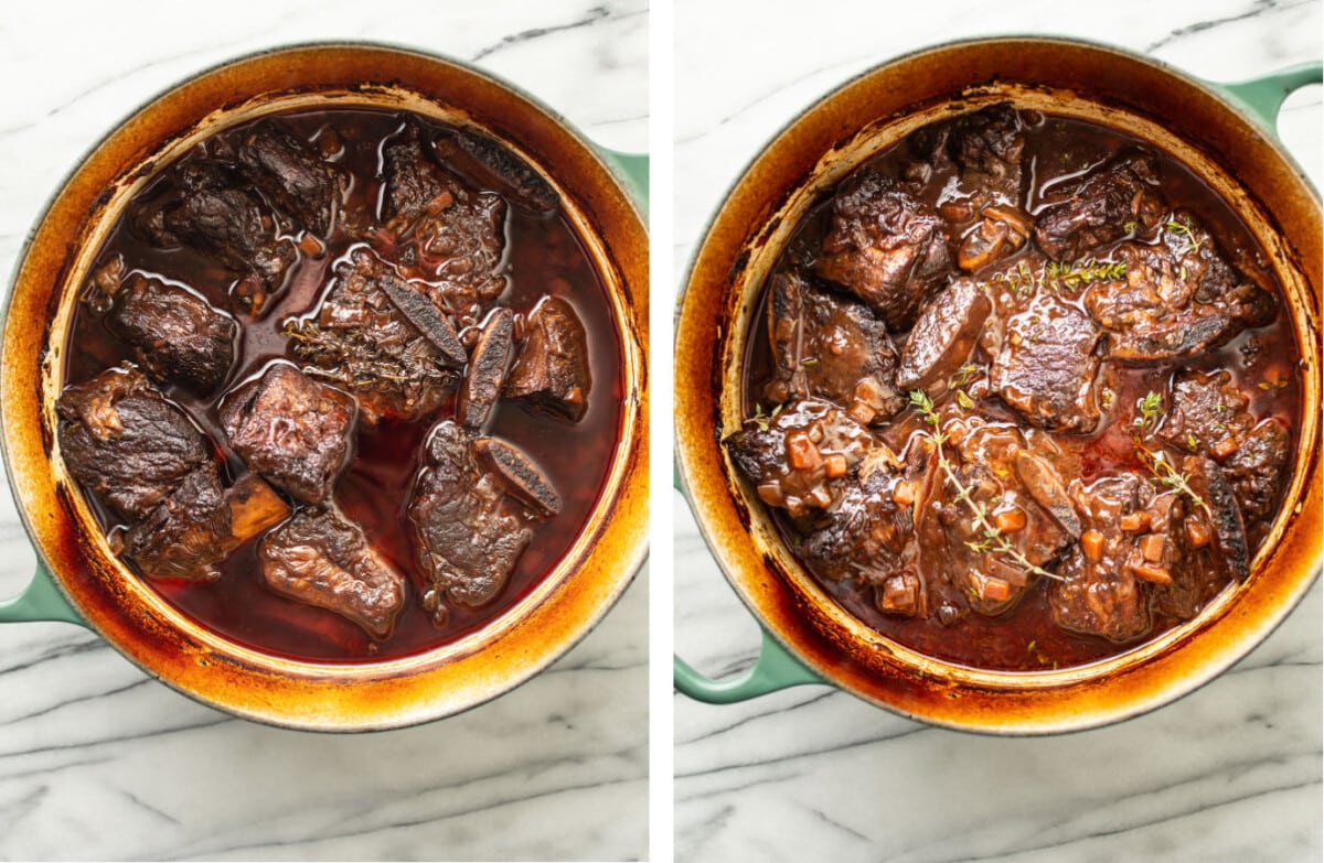 red wine braised short ribs in a dutch oven before and after cooking