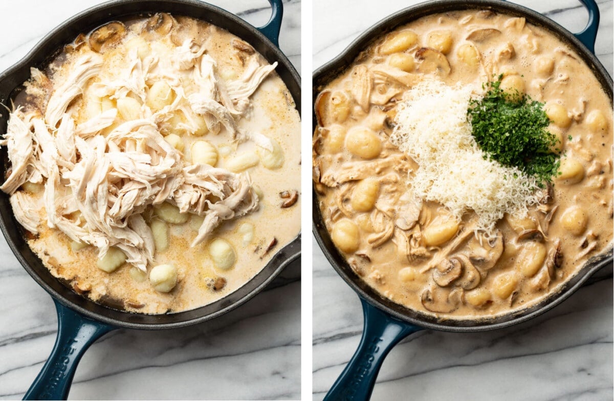 adding chicken and sauce ingredients to a skillet for chicken marsala gnocchi