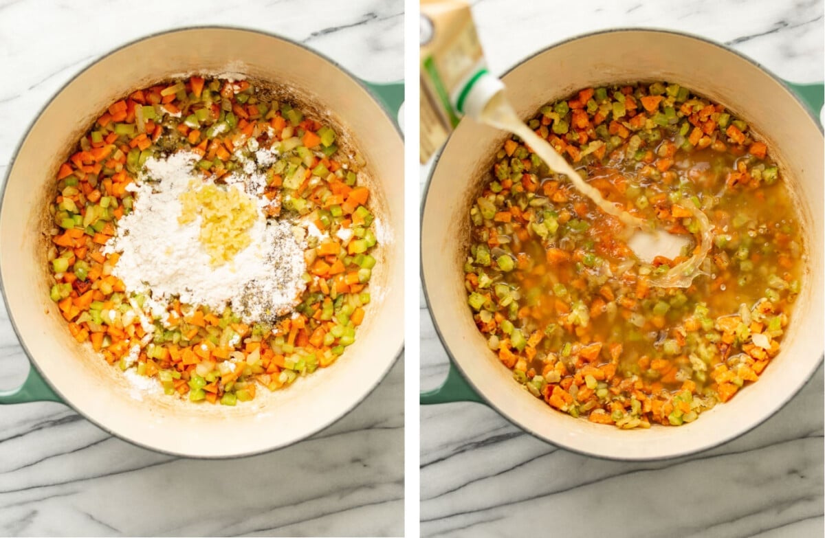 sauteing celery, carrots, and onions in a soup pot and adding in flour and chicken broth