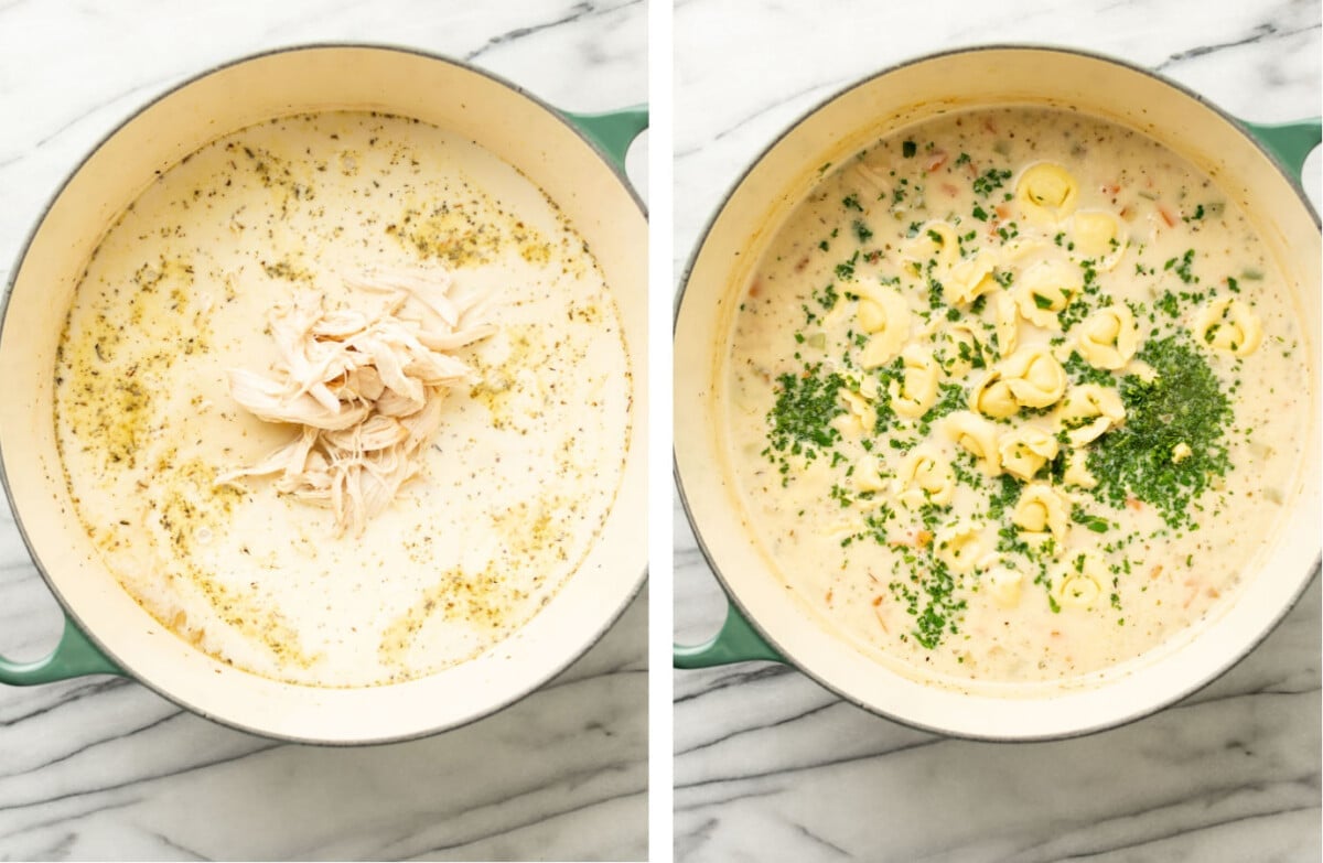 adding in chicken, cream, tortellini, and parsley to a pot of chicken tortellini soup