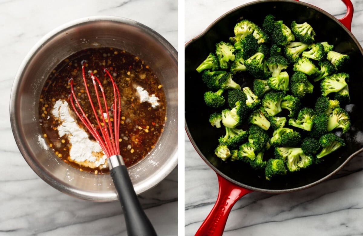 whisking sauce ingredients in a prep bowl and sauteing broccoli in a skillet