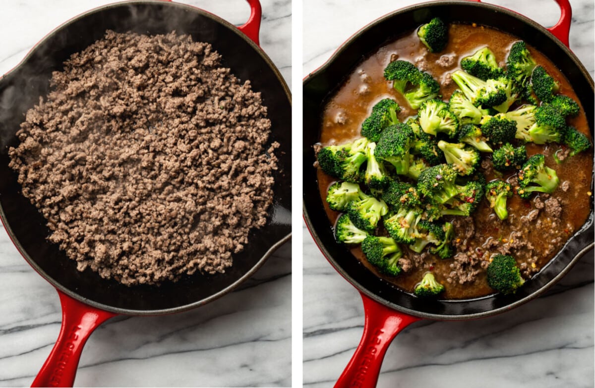 sauteing ground beef in a skillet and then adding in sauce and broccoli