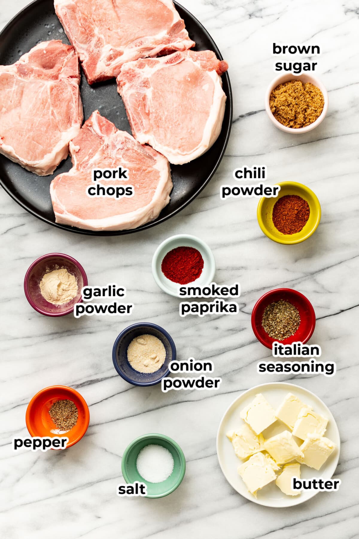 ingredients for baked pork chops in prep bowls