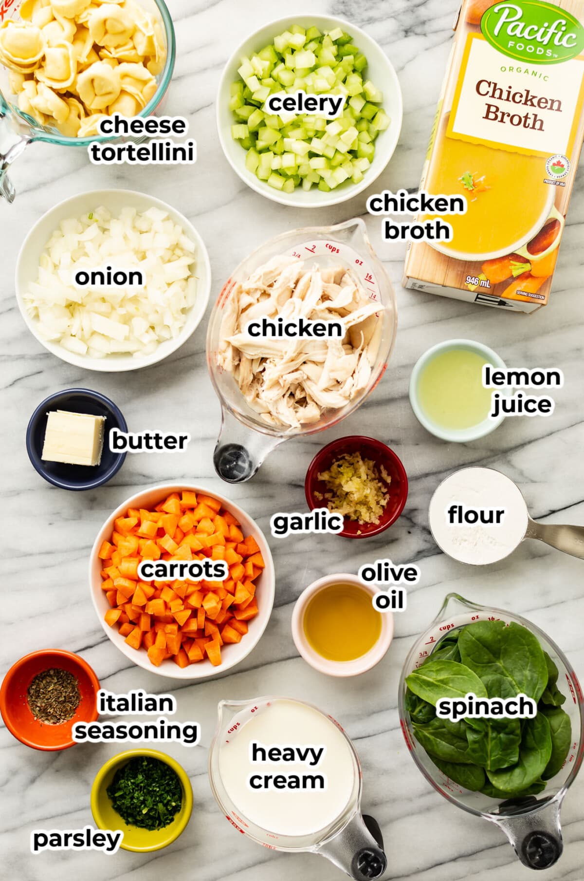 ingredients for lemon chicken tortellini soup in prep bowls
