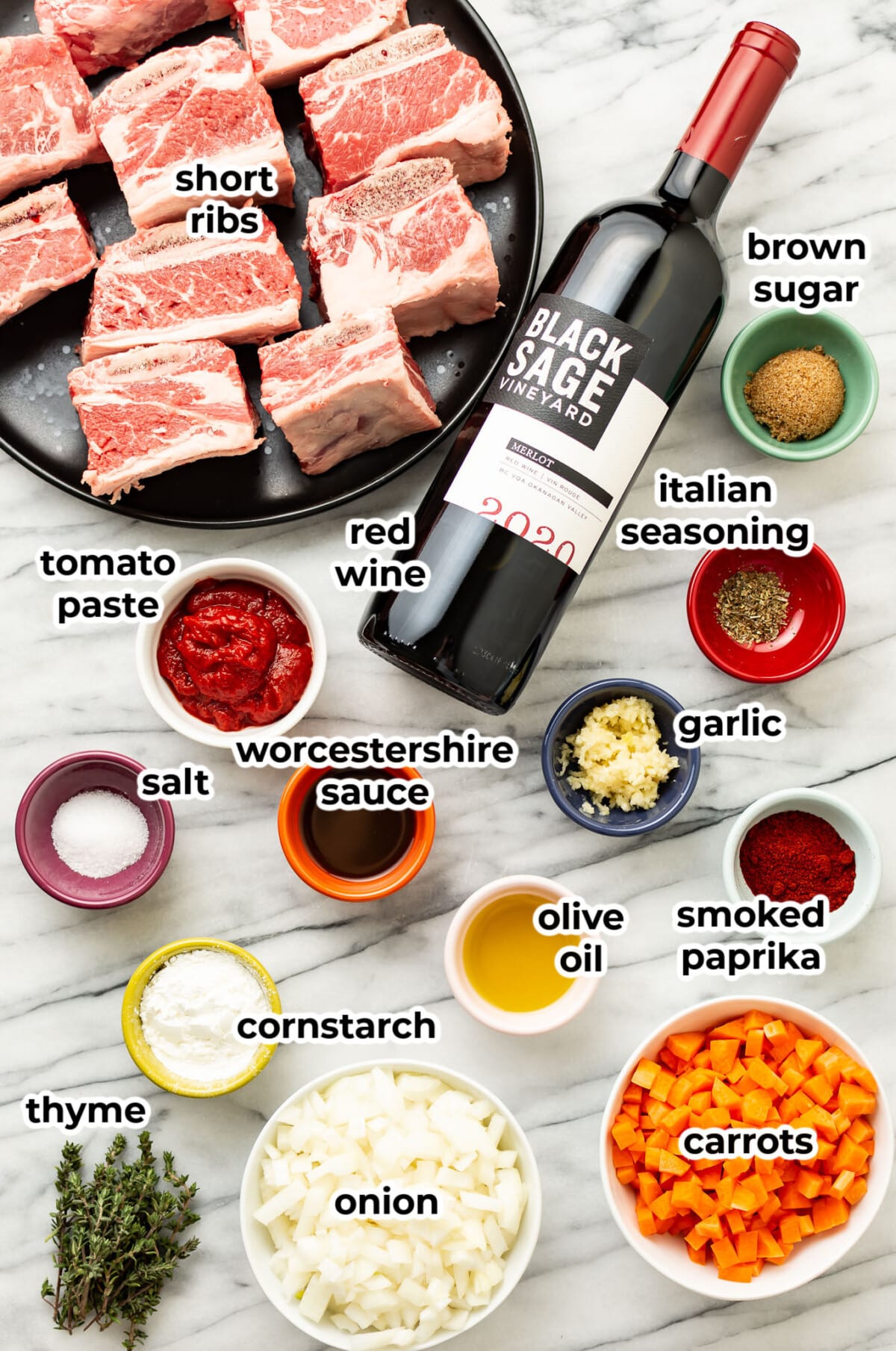 ingredients for red wine braised short ribs in prep bowls